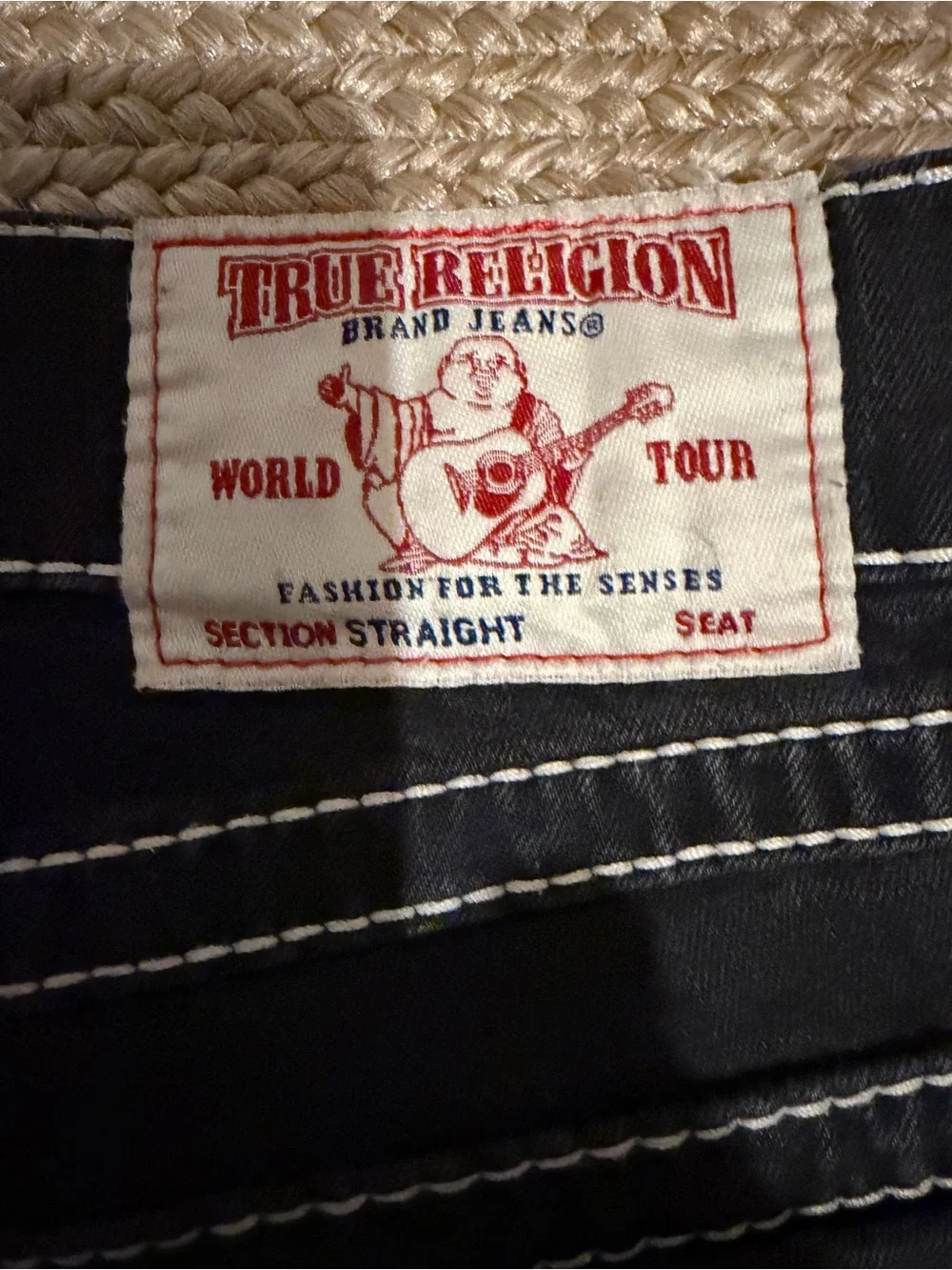 MensTrue Religion Black Straight Flap Natural Big T White Contrast Stitching